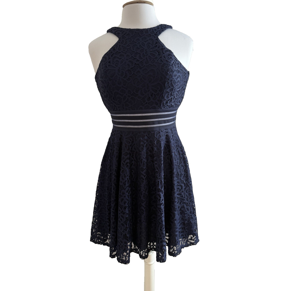 City Studio Women's Jr 1 Whimsgoth Navy Blue Lace Halter Sheer Waist Dress Party